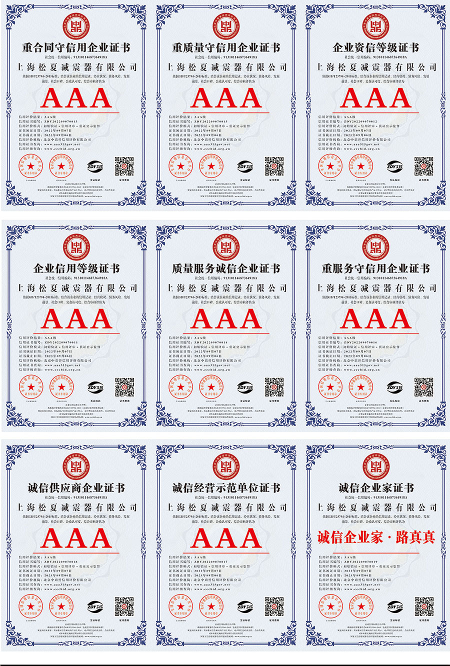 上海松夏减震器有限公司荣誉资质